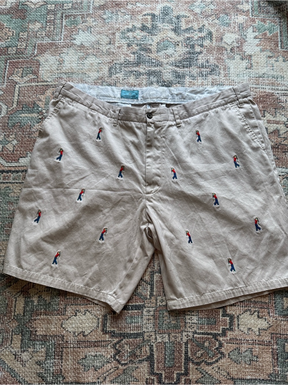 Castaway Beige Cotton Embroidered Shorts with Red & Blue Motif